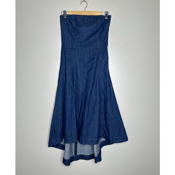 Reformation Zoie Denim Midi Dress Strapless Corset Fit Flare Blue Jean Dress 2 - Picture 2 of 6